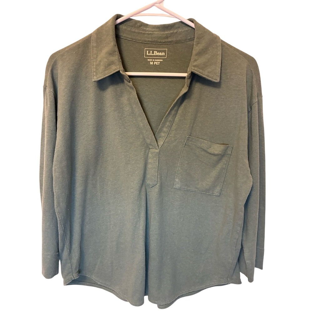 L.L. Bean Cotton Olive Green Polo Shirt - Casual Long Sleeve Petite Medium